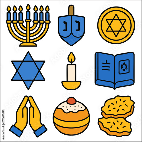 Hanukkah Flat Icon Set, Jewish Festival of Lights Symbols in Minimal Style