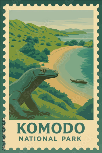 Vintage postage stamp illustration of Komodo National Park