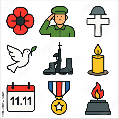 Armistice Day Flat Icon Set, Remembrance and Military Tribute in Minimal Style