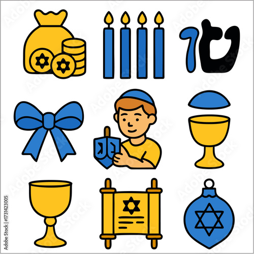 Hanukkah Flat Icon Set, Jewish Festival of Lights Symbols in Minimal Style