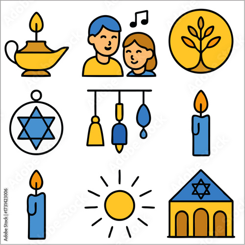 Hanukkah Flat Icon Set, Jewish Festival of Lights Symbols in Minimal Style