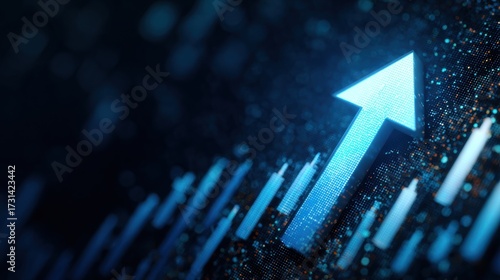 Digital upward arrow on a glowing bar graph background, symbolizing growth and progress in data analytics.