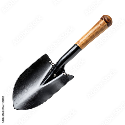 Gardening Tool Small Black Trowel with Wooden Handle  Perfect for Planting and Digging against transparent background