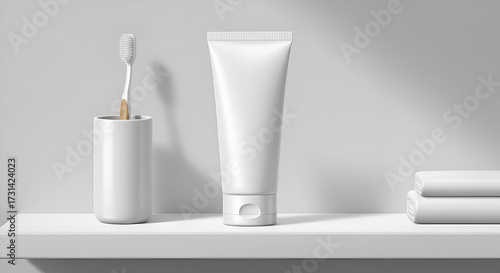 Wallpaper Mural Empty toothpaste tube and toothbrush mockup on a white shelf with towels. Mockup of hygiene products on a bathroom shelf. Torontodigital.ca