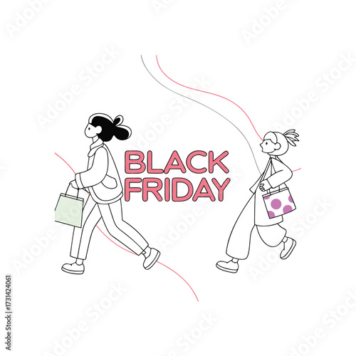 Black friday shopping event with stylized figures isolated on white background