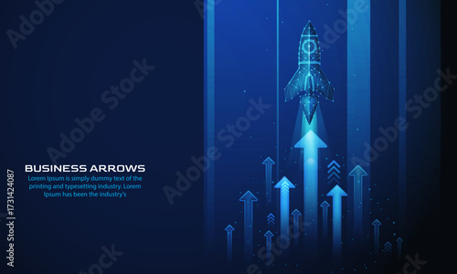 Futuristic digital illustration of a rocket launching upward, multiple rising arrows, growth, success, and progress in business or technology.Low poly wireframe Start-up and success innovation,arrows 