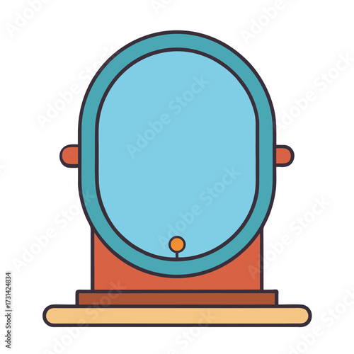 Stylized illustration of a vintage oval mirror with a teal frame and wooden stand