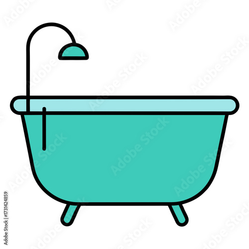 Modern teal bathtub icon with water droplet on transparent background