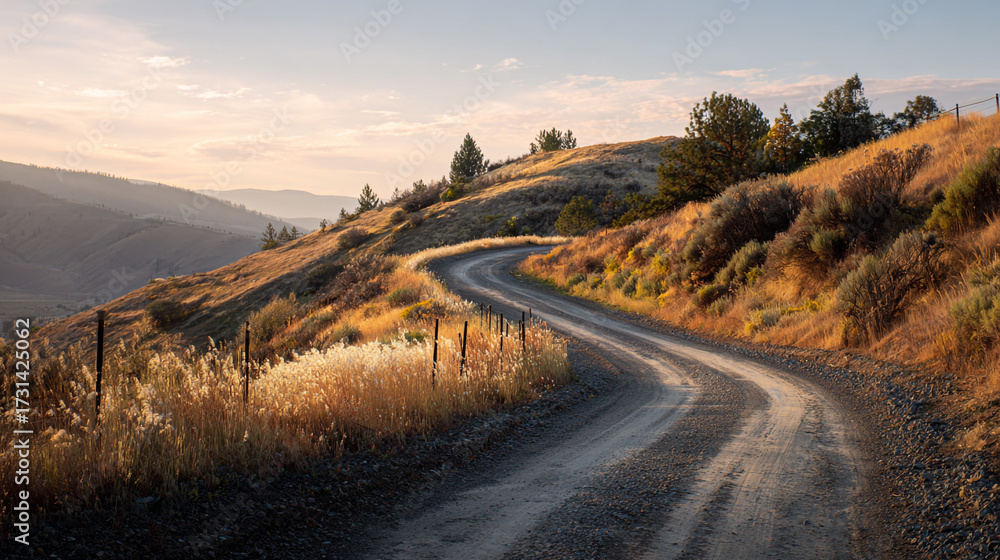Obraz premium A winding gravel road travels through the golden hills of a rural landscape during a beautiful sunrise