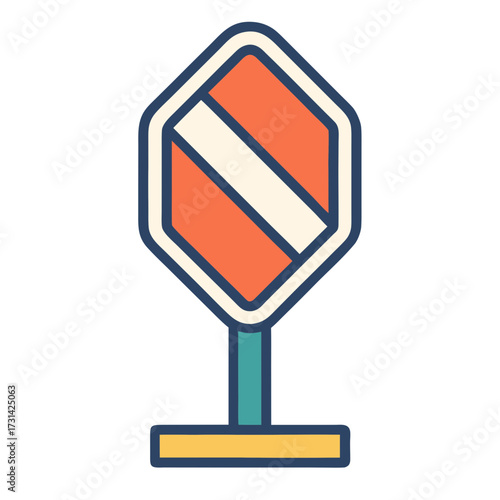 Stylized illustration of a road construction or detour warning sign with orange and white stripes