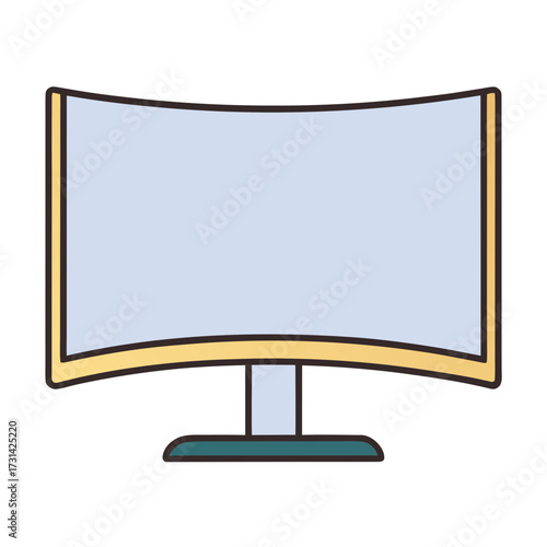 Curved computer monitor with a light blue screen and yellow bezel