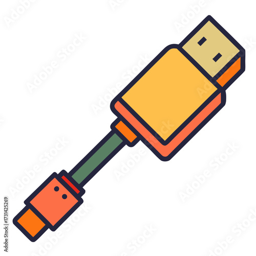 Stylized flat design icon of a usb cable connector with a transparent background