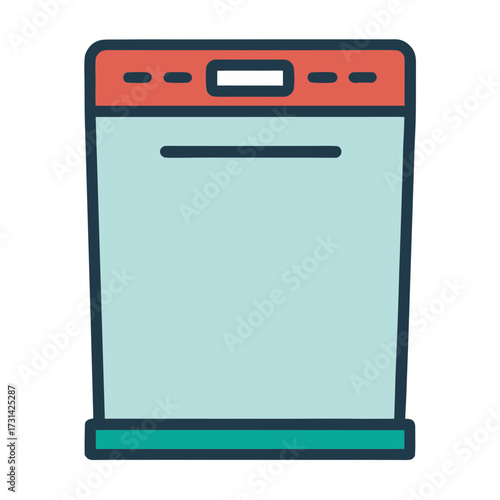 Modern flat design illustration of a light blue dishwasher with a red top panel