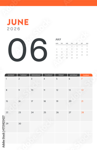 2026 Business calendar vector layout, Modern Minimal Wall Desk Monthly Planner Template for print or digital calendar. Week Starts Monday. Annual calendar layout design elements. Vertical. June.