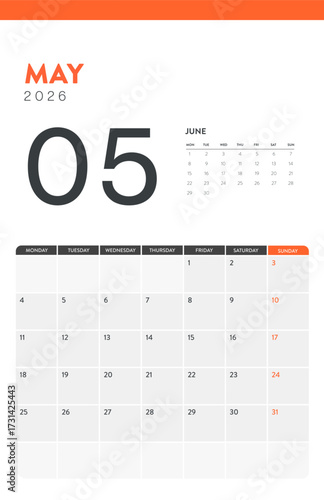 2026 Business calendar vector layout, Modern Minimal Wall Desk Monthly Planner Template for print or digital calendar. Week Starts Monday. Annual calendar layout design elements. Vertical. May.