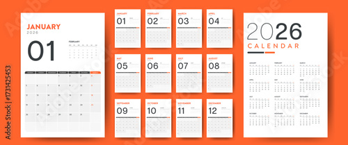 2026 Creative minimal business monthly Calendar template vector. Desk, wall calendar for print, digital calendar or planner. Week start on Monday. Simple modern annual calendar layout design elements.