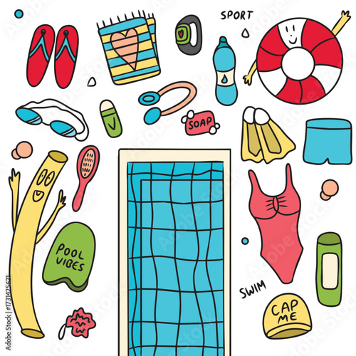 Swimming pool vector set: pool, swimsuit and trunks, goggles, fins, swim cap, towel, flip-flops, lifebuoy, bottle, smartwatch, kickboard, pool noodle, soap and shampoo. Hand-drawn clipart.