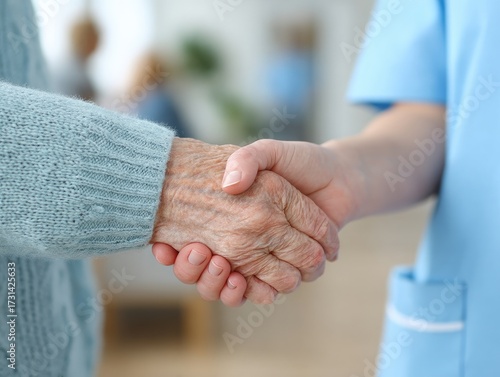 Nurse Gently Holding Elderly Patient Hand in Healthcare Setting with Blue Uniform and Soft Lighting
