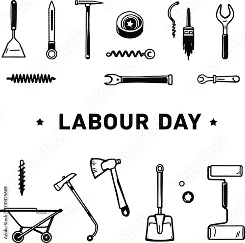 Illustration of labour day with various tools in black and white on a white background theme design silhouette