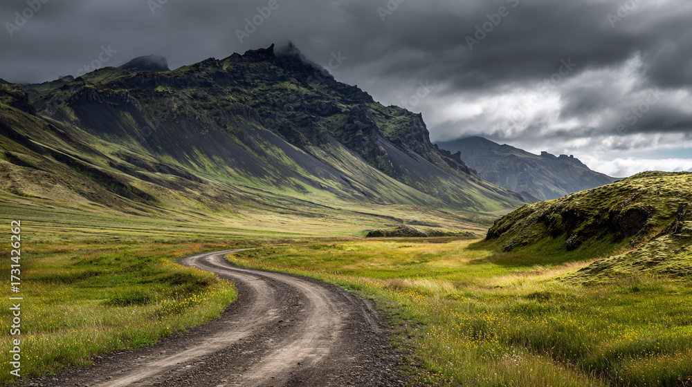 Fototapeta premium An empty gravel path curves through a lush landscape with rugged green mountains towering beneath dark moody clouds