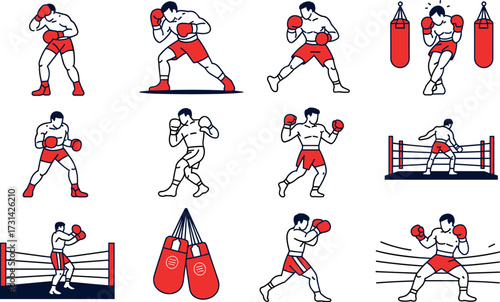 Dynamic boxing poses and equipment collection capturing the spirit of the fight