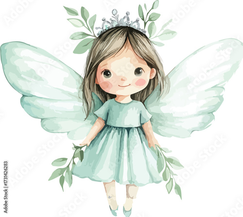 Whimsical watercolor illustration of a cute little fairy with delicate wings and a floral crown