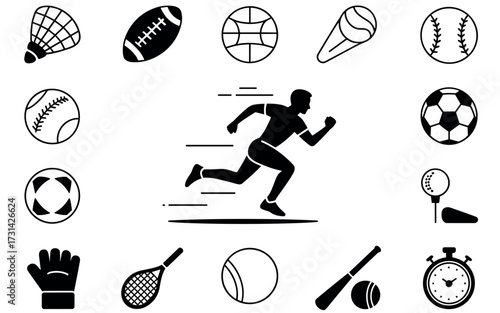 Dynamic sports icons collection featuring athlete runner soccer tennis baseball football and more