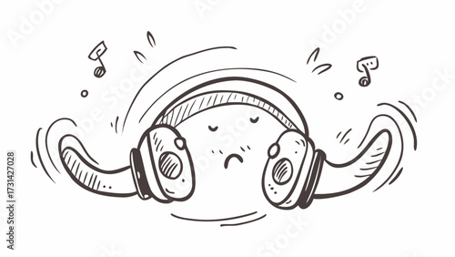 Sad face with headphones listening to music and dancing with musical notes around it sketch drawing | editable svg