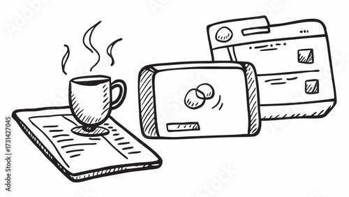 Sketch of a desk with coffee, tablet and computer for a productive working environment day | editable svg