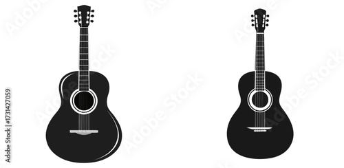 Two acoustic guitars in black and white simple design for musical instrument enthusiasts or musicians | editable svg