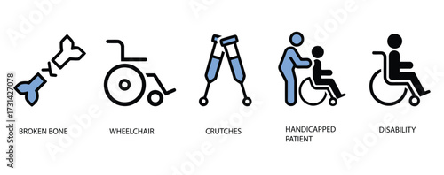 Black icons of broken bone, wheelchair, crutches, handicapped patient, and disability, symbolizing medical aid and physical accessibility