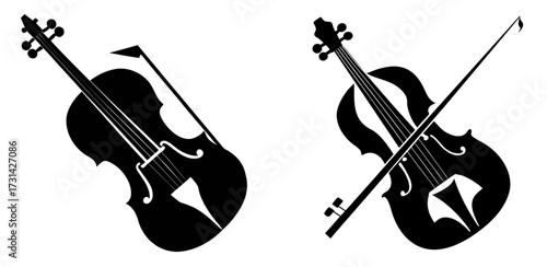 Two violins with bows in black and white musical instruments illustration design art 99 | editable svg