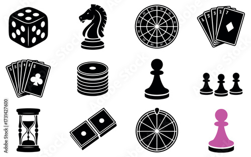 Collection of casino and game icons featuring dice cards chess pieces roulette and more