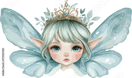 Whimsical watercolor illustration of a cute fairy with delicate wings and a floral crown