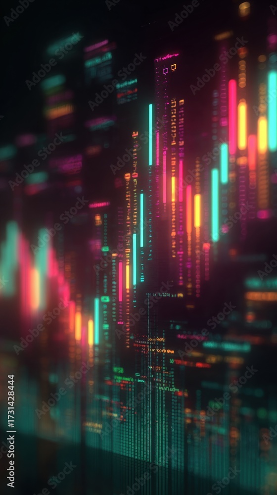Fototapeta premium Digital data visualization with colorful vertical bars and glowing lines on a dark background