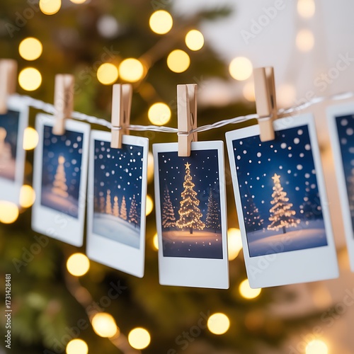 Cozy christmas polaroid photos hanging on string with warm fairy lights