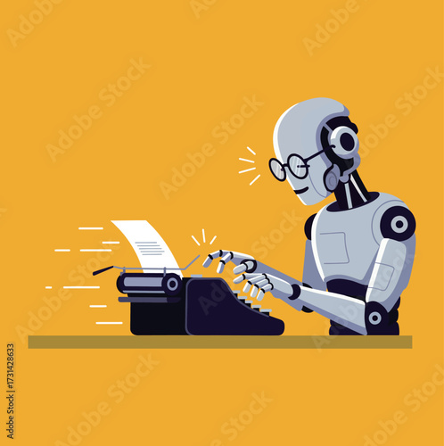 Smiling AI Copywriter Robot on a Vintage Typewriter