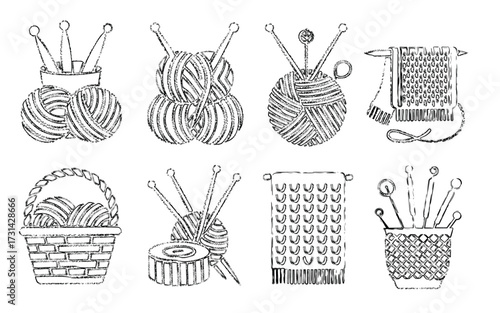 Cozy knitting supplies collection featuring yarn balls needles baskets and finished knit projects detailed line art