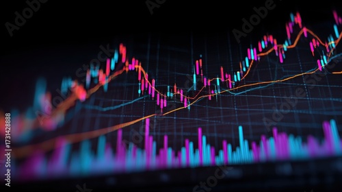 Digital stock market chart with candlestick patterns and trend lines on a dark background