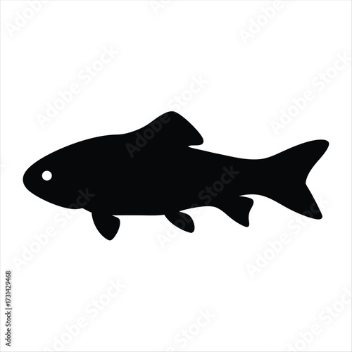 A black silhouette of a fish swimming on a white background