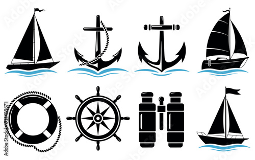 Nautical icons collection sailboats anchors ship wheels binoculars and lifebuoy for maritime adventures