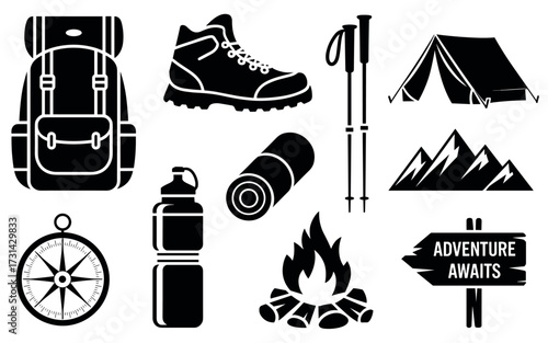 Outdoor adventure gear collection hiking backpack boots tent compass fire mountains poles bottle sign