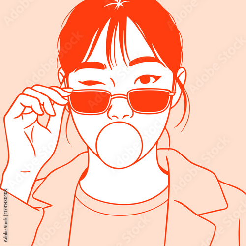 Cool Woman Winking While Blowing Bubble Gum