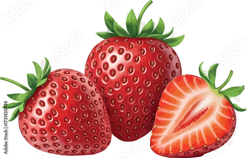  Vector art of three ripe red strawberries, one sliced in half
