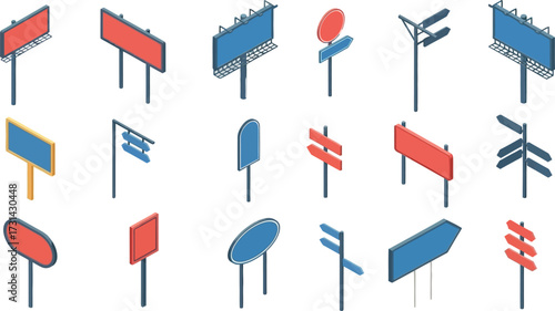  Vector art of collection of isometric signs and billboards with red and blue panels