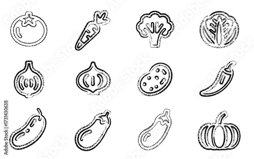 Hand-drawn sketch icons of fresh vegetables including tomato onion pepper carrot and more for healthy eating designs