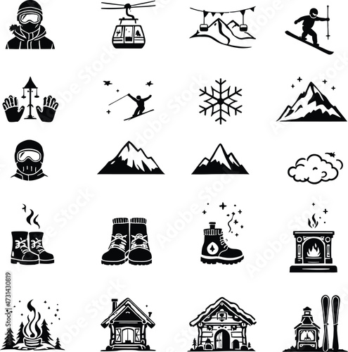 A collection of winter themed icons including skiing mountains and cozy cabin elements in black and white silhouette