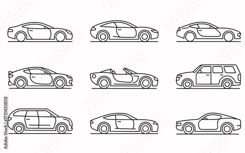 Diverse collection of classic and modern automotive silhouettes for design projects and automotive enthusiasts