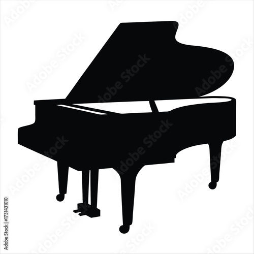 A stark black silhouette of a grand piano, musical instrument illustration