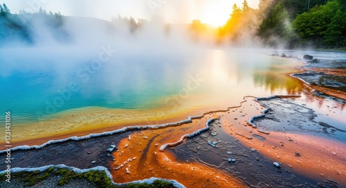 Fototapeta Naklejka Na Ścianę i Meble -  Vibrant geothermal lake with sunrise and rising steam in nature scene
